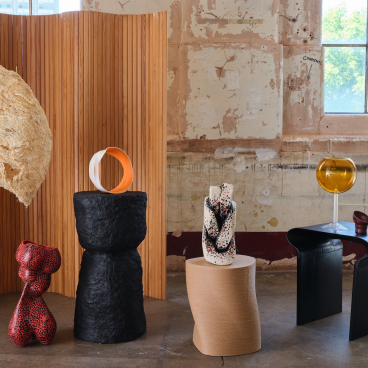 Artistic display featuring unique sculptures and furniture reflecting contemporary design at the London Design Festival 2022.