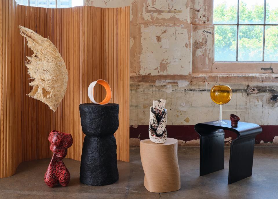 Artistic display featuring unique sculptures and furniture reflecting contemporary design at the London Design Festival 2022.