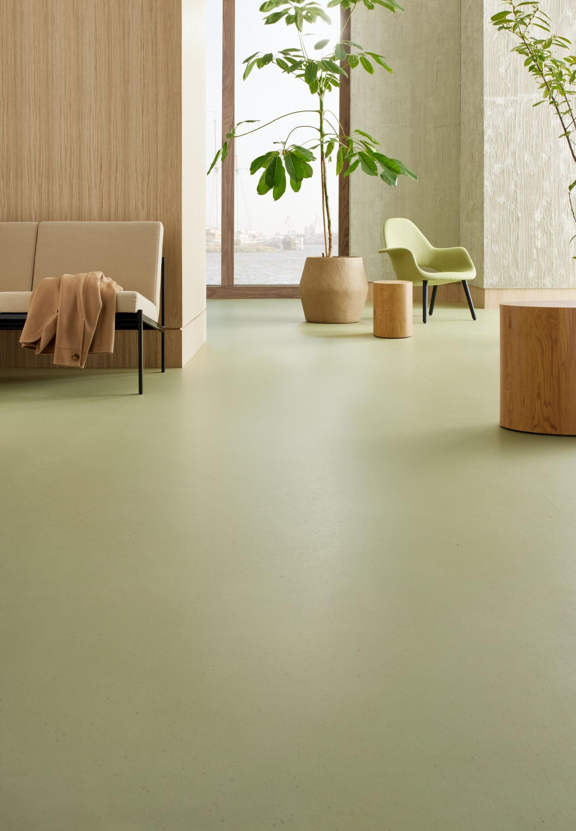 Marmoleum Cocoa flooring in a modern interior featuring plants and natural decor, showcasing a climate positive design.