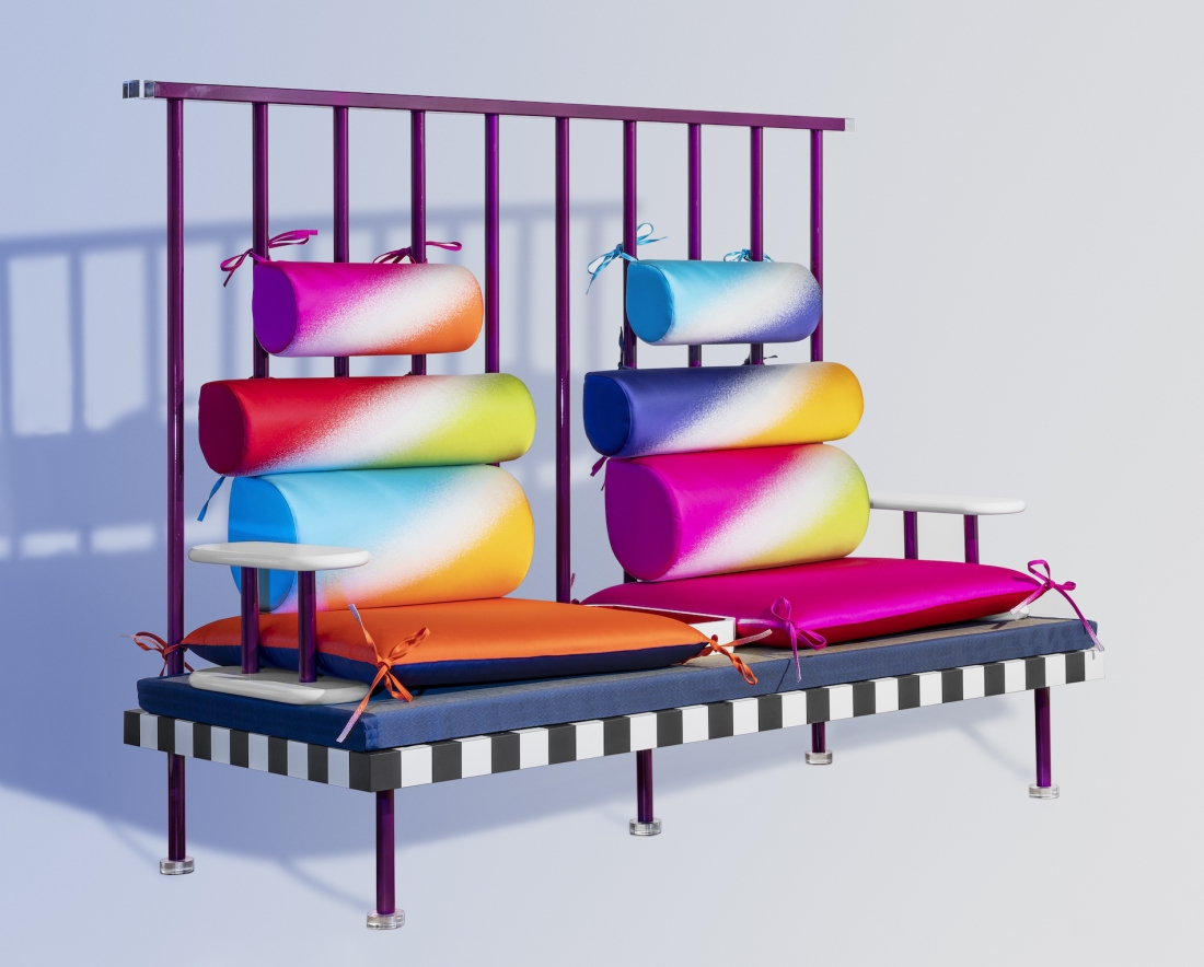 Utamaro, two-seater sofa, Masanori Umeda, 2020, limited edition of 12 items + 1 artist's proof, “Night Tales” Collection, Post Design. Black and white laminate and painted metal structure with Japanese tatami mats and plexiglass feet. Silk cushions in various colours, two removable lacquered armrests and a lacquered red and white tray. Dimensions: W 180, D 78, H 144 cm. Photograph © Delfino Sisto Legnani. Courtesy of Memphis srl.