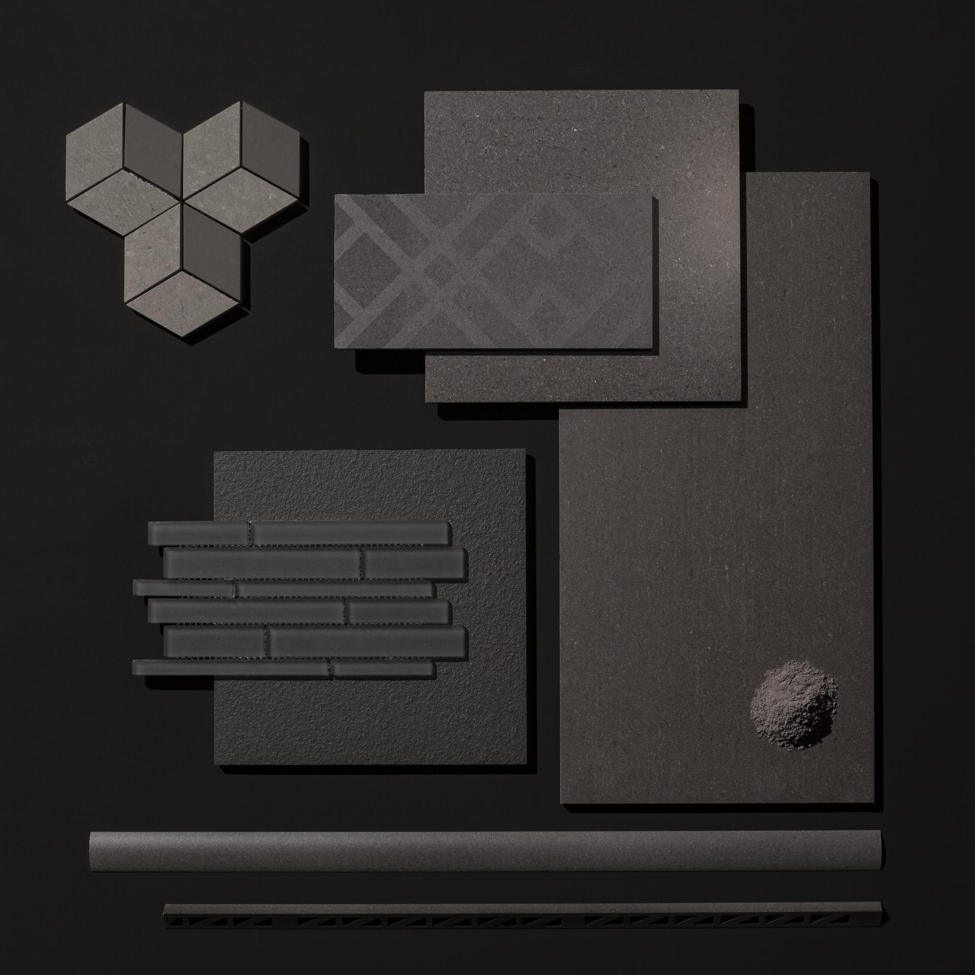 Various textured and patterned tile samples displayed against a black background, showcasing innovative design options for flooring and walls.