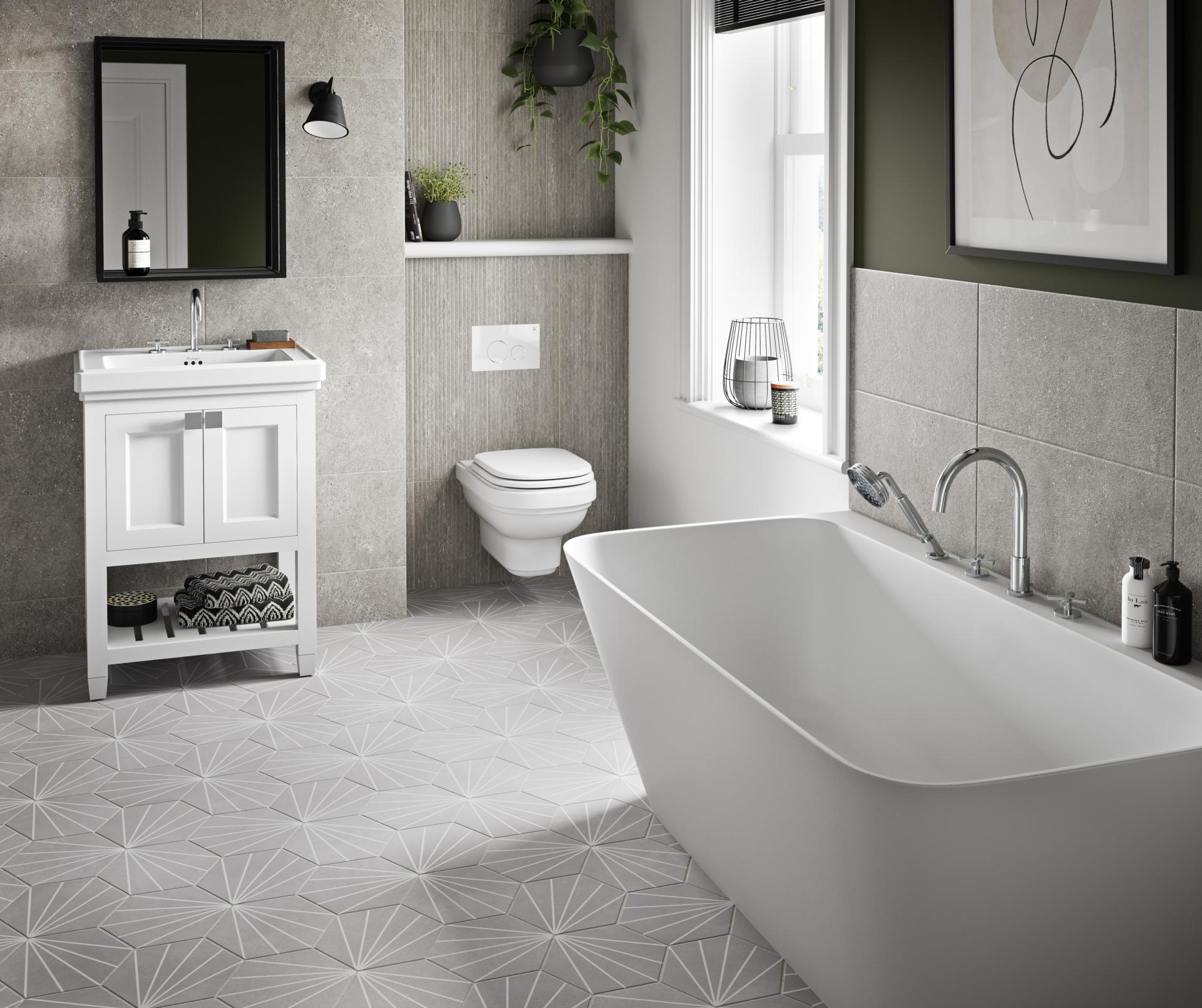 Modern bathroom featuring a freestanding bathtub, sleek vanity, and stylish decor inspired by vintage design elements.