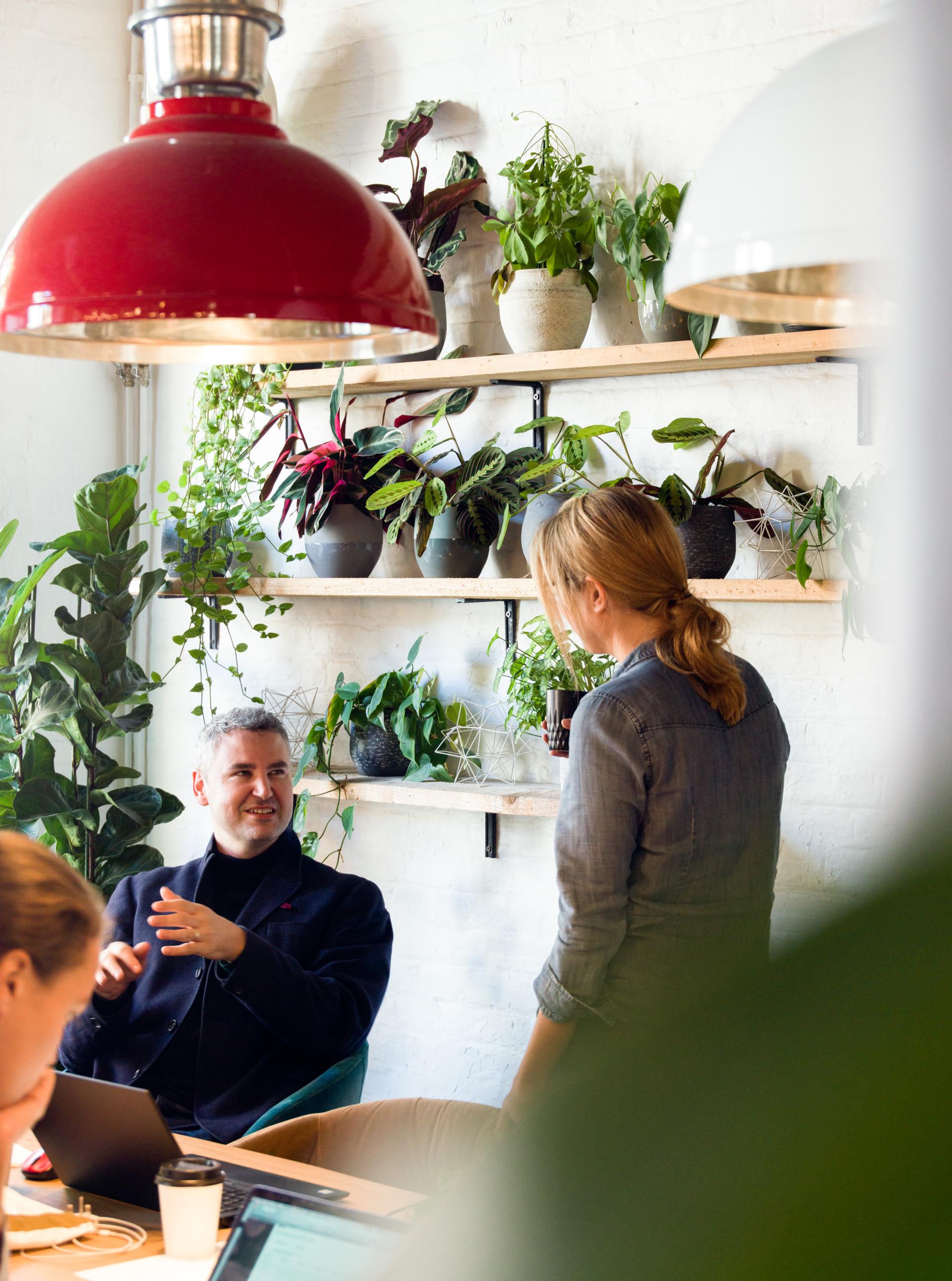 A modern office space featuring plants, with two colleagues engaged in conversation over flexible work design ideas.