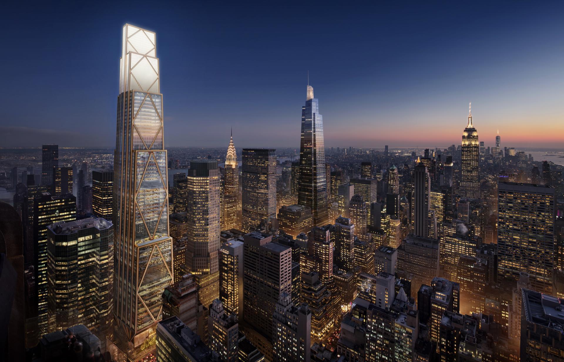 New York City skyline featuring the innovative 270 Park Avenue tower, an all-electric and upcycled architectural marvel.
