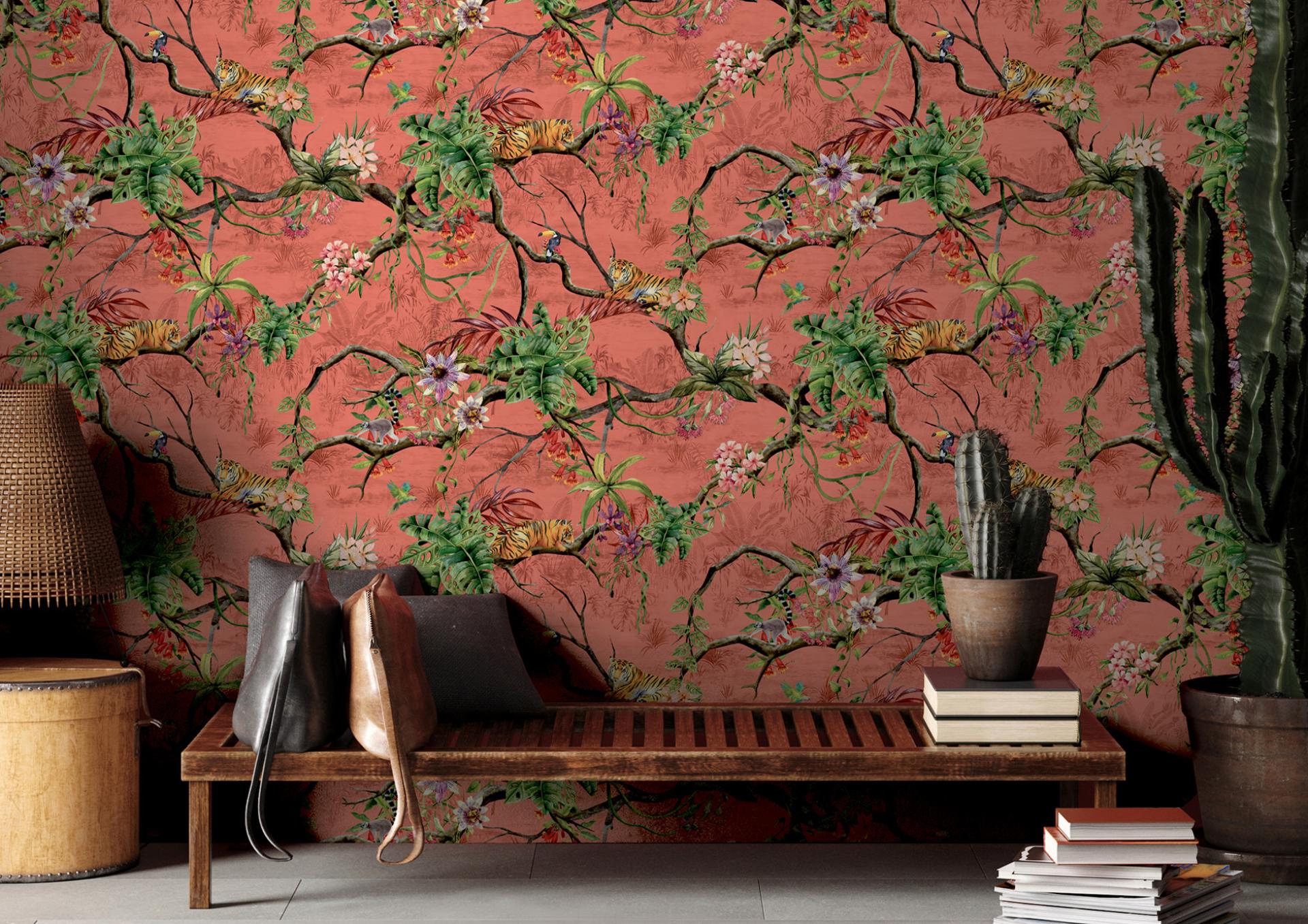 Vibrant Panthera wallcovering featuring tropical plants and tigers, enhancing interior spaces with nature-inspired design.