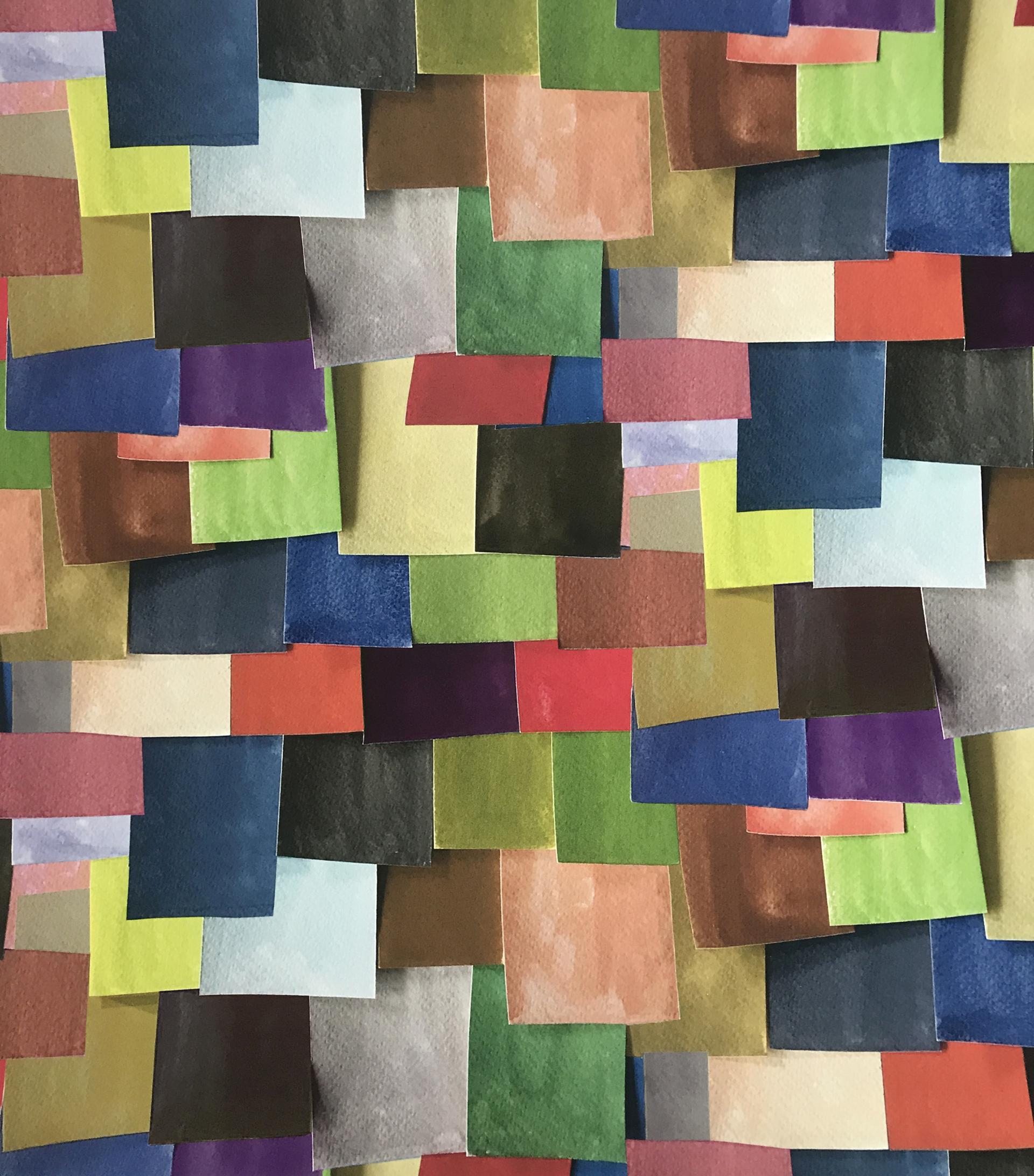 Colorful fabric swatches display the vibrant textures of British wool used in sustainable design at Yorkshire Sculpture Park.