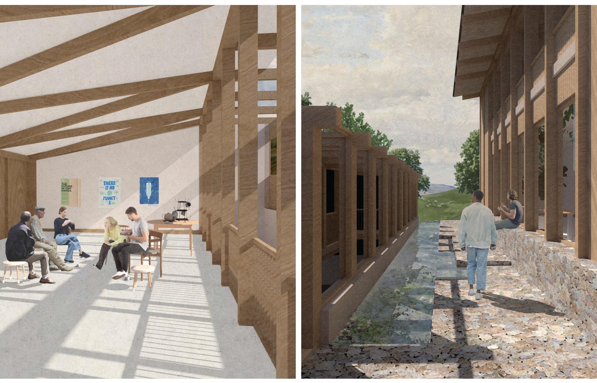 Interior architectural rendering featuring students collaborating in a bright, modern space at Manchester School of Art.