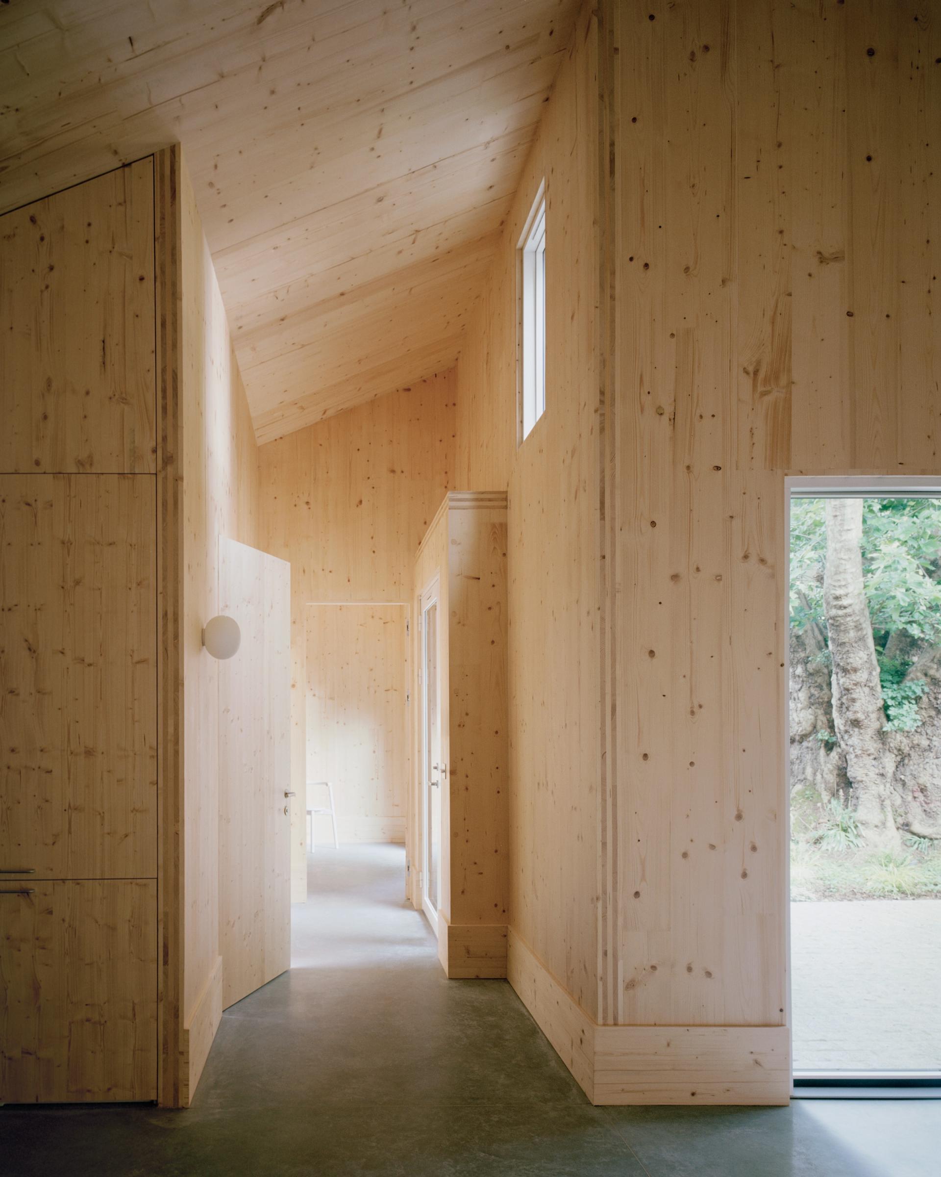 Sustainable wooden interior space featuring natural light, eco-friendly design, and minimalist aesthetics reflecting 2024's green architecture trends.