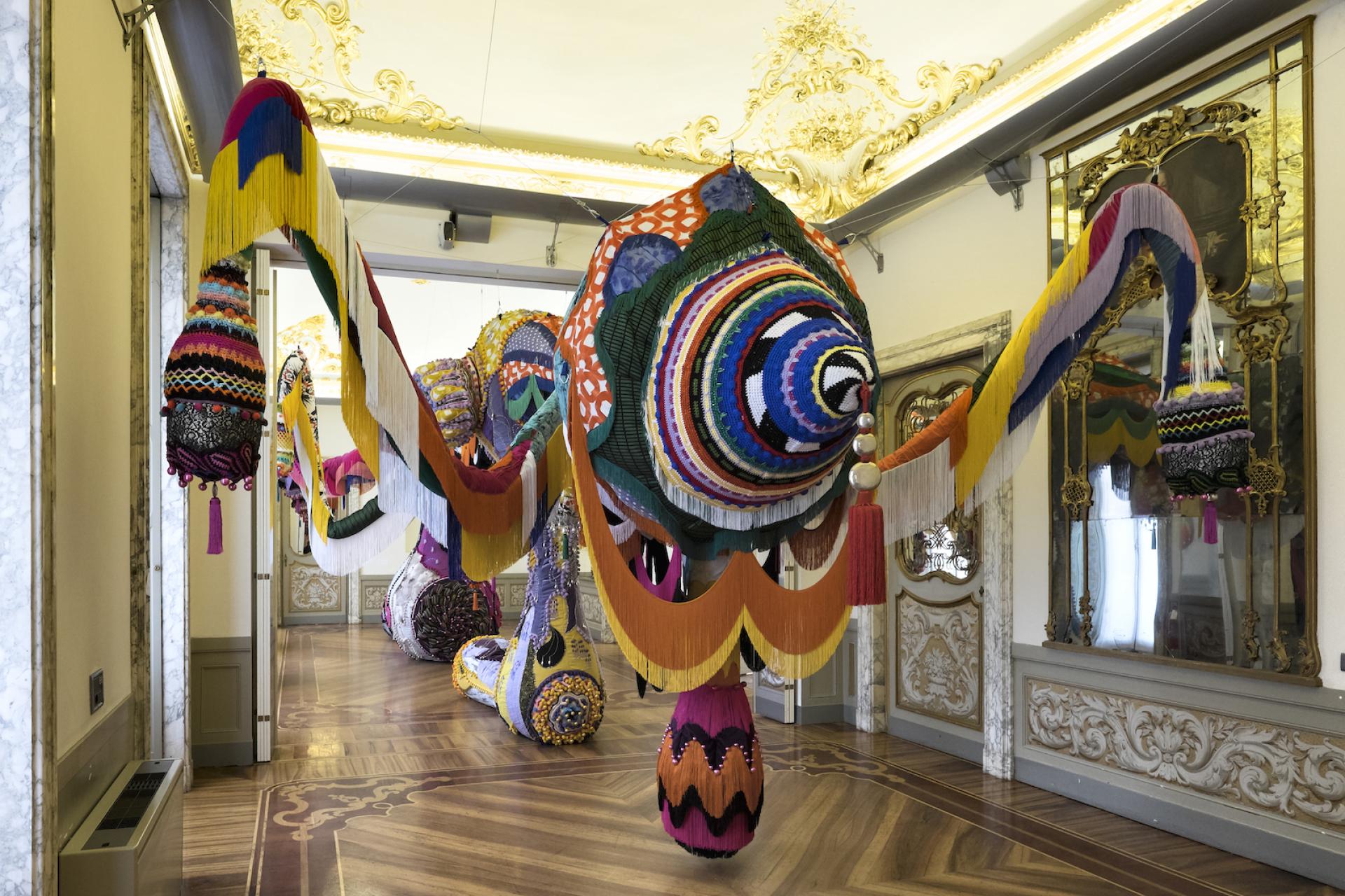 Vibrant installation by Joana Vasconcelos featuring colorful textiles, on display at Yorkshire Sculpture Park.