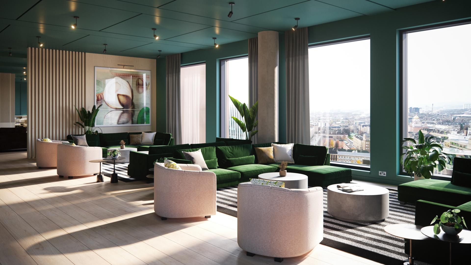 Stylishly designed communal lounge in Moda Holland Park, showcasing modern furniture and panoramic views of Glasgow.