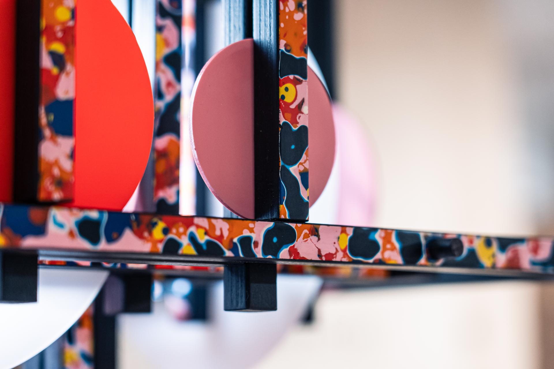 Colorful modern design piece showcasing vibrant patterns and shapes, featured in the Makers in Residence exhibit in Glasgow.