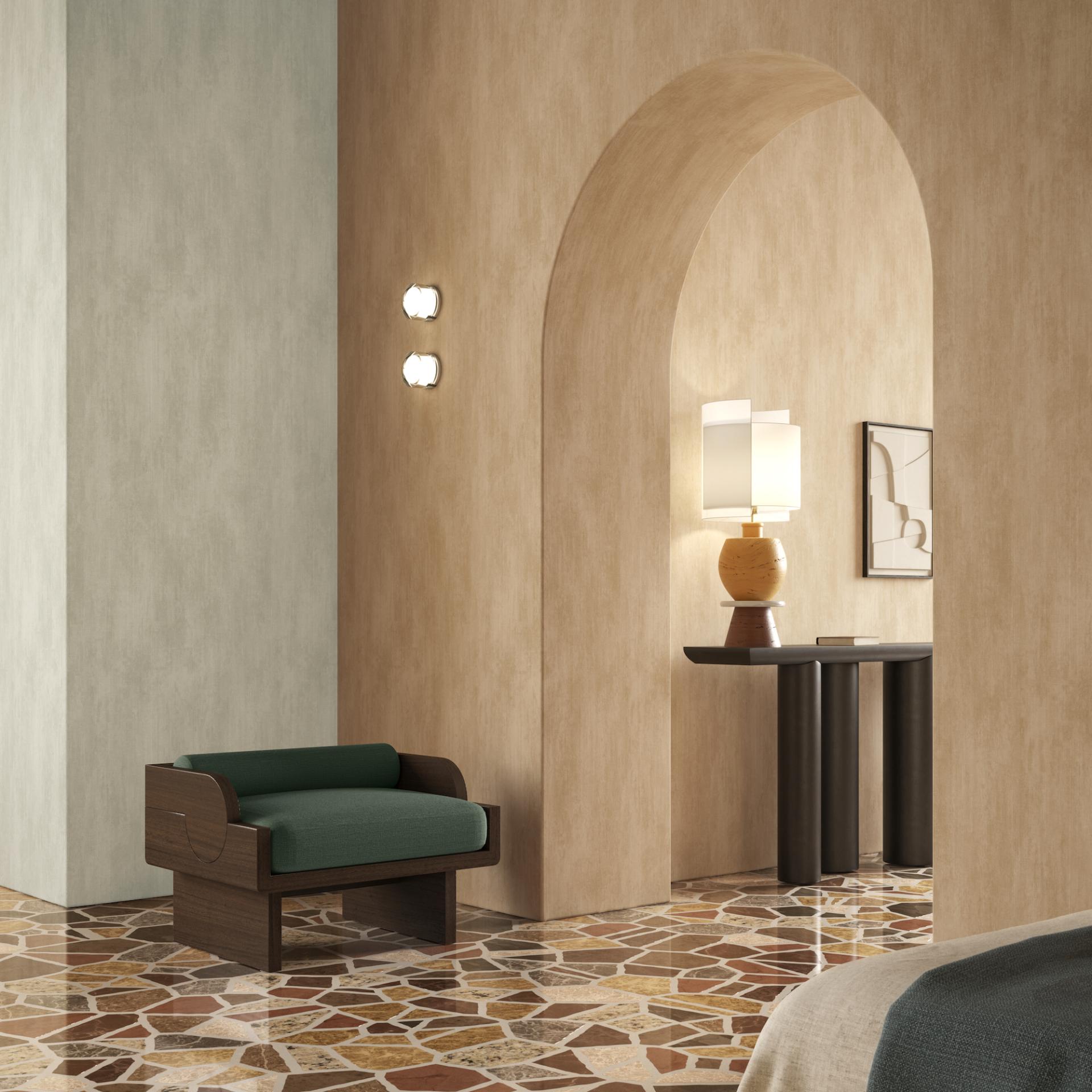 Cozy interior featuring Arte's autumnal wallcovering, a green armchair, stylish lamp, and textured flooring.