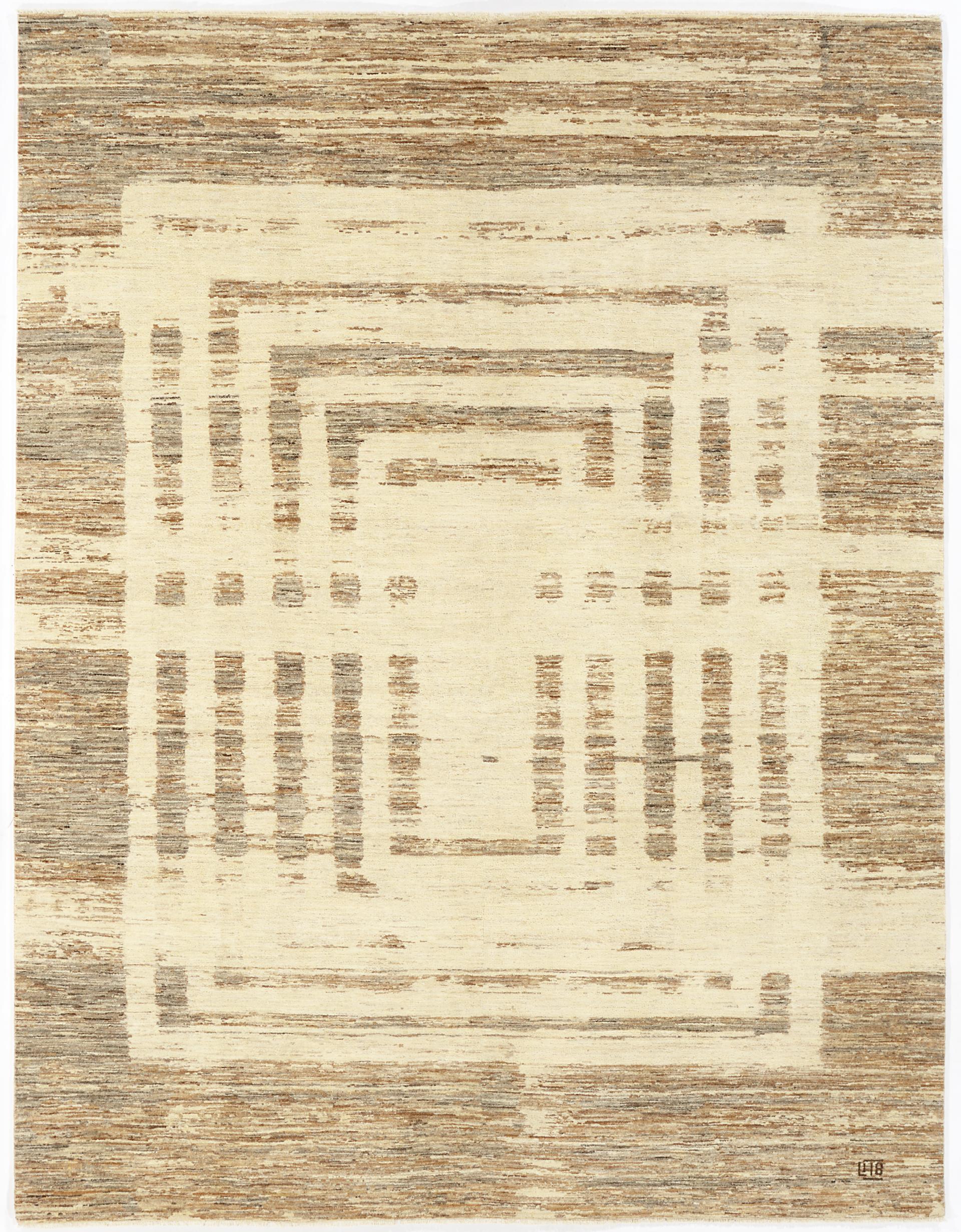 Handcrafted luxury rug featuring an intricate geometric design with neutral tones, highlighting the artistry of Luke Irwin's creative process.