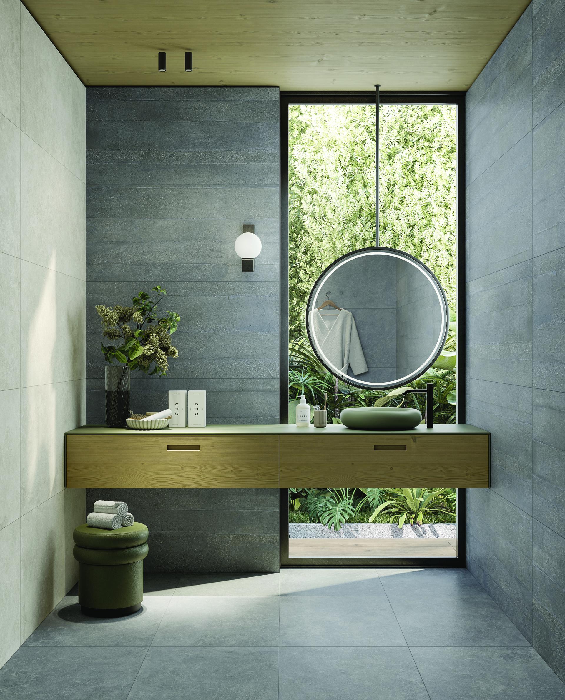 Modern bathroom featuring Grestec's Atacama porcelain tiles, minimalist design, natural light, and green accents for a Nordic-inspired aesthetic.