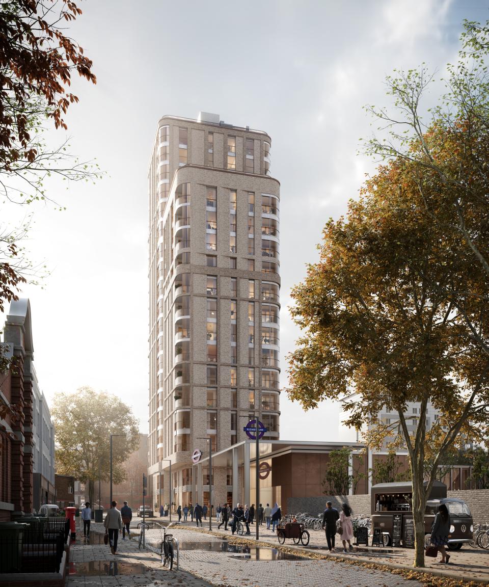 Modern residential building with unique architectural design, featuring pedestrians and nearby amenities in an urban landscape.