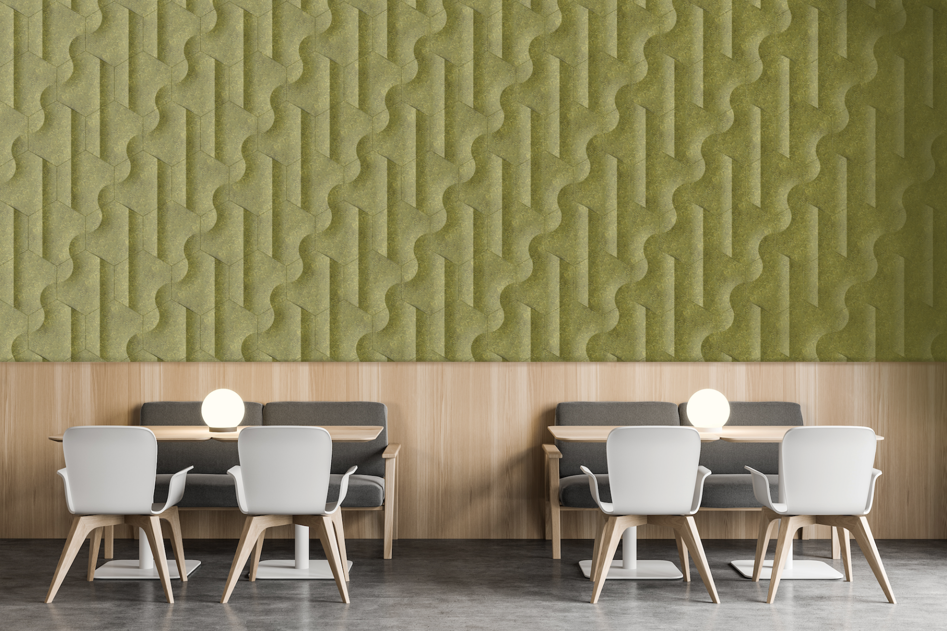 Modern dining area featuring innovative biomaterial wall design with green textured patterns and minimalist furniture.