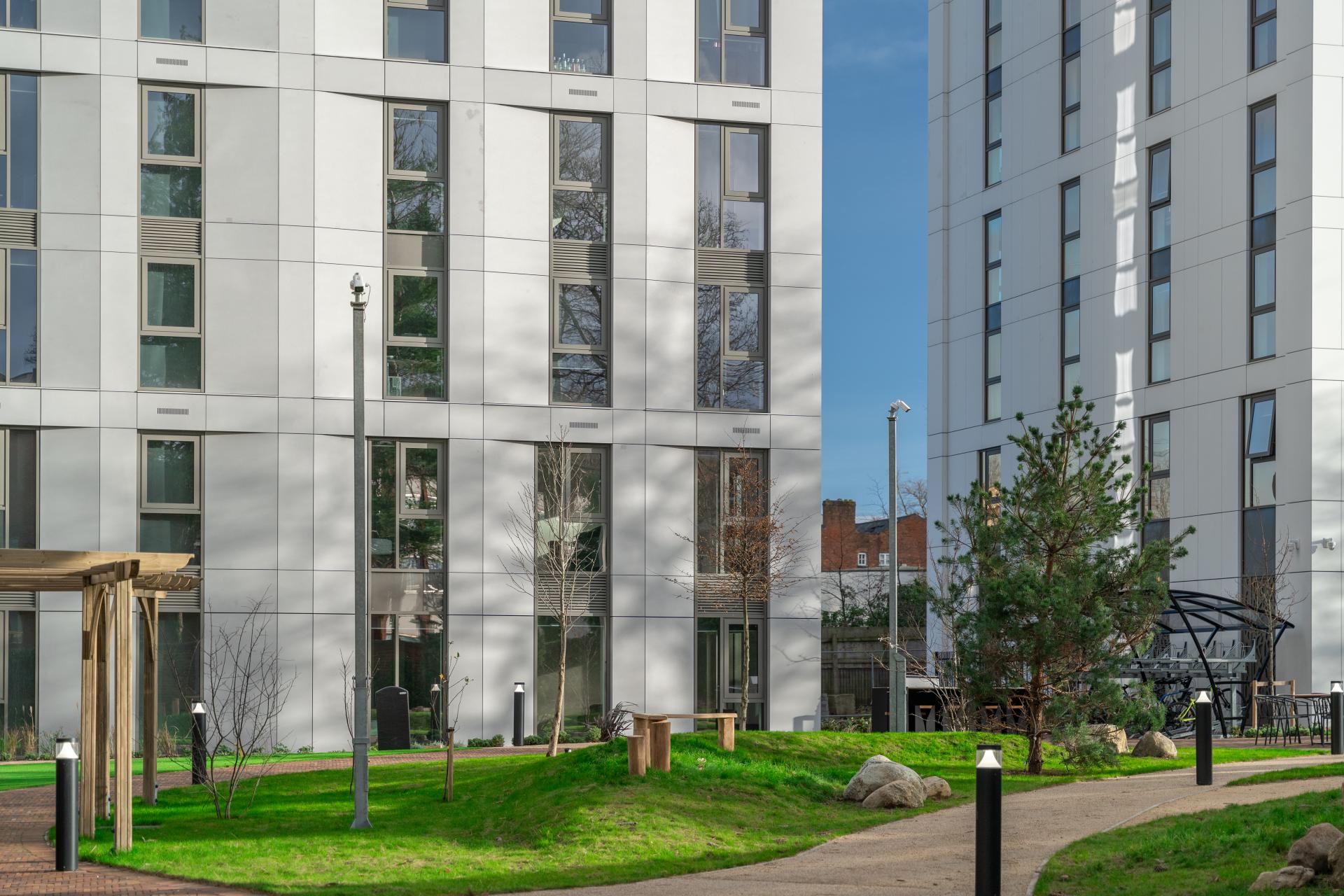 A faceted SureClad® SureStone® façade from Shackerley at New Garden Square.