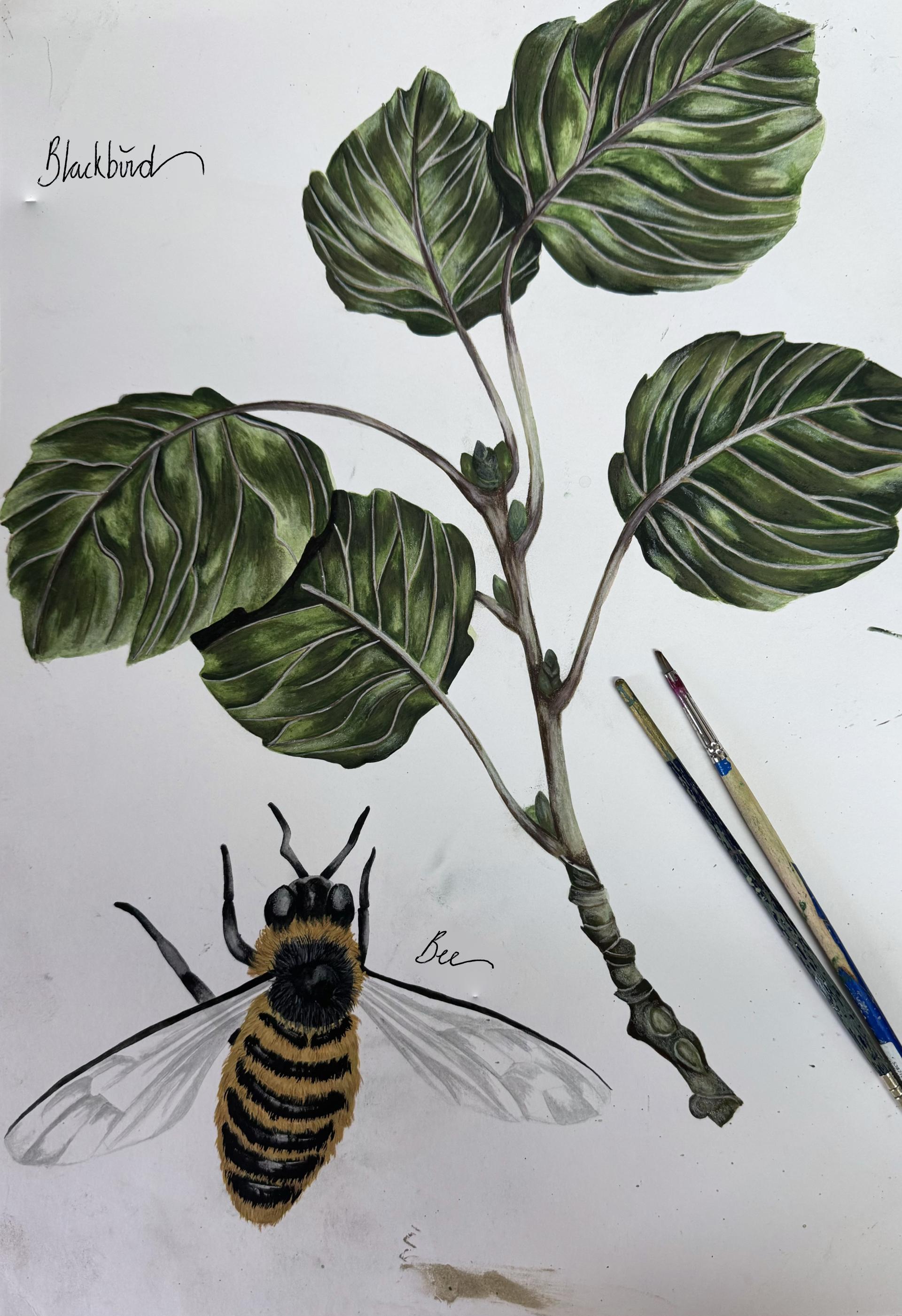 Intricate painting of a bee and leaves, showcasing the artistry of Beth Travers in nature-inspired creations.