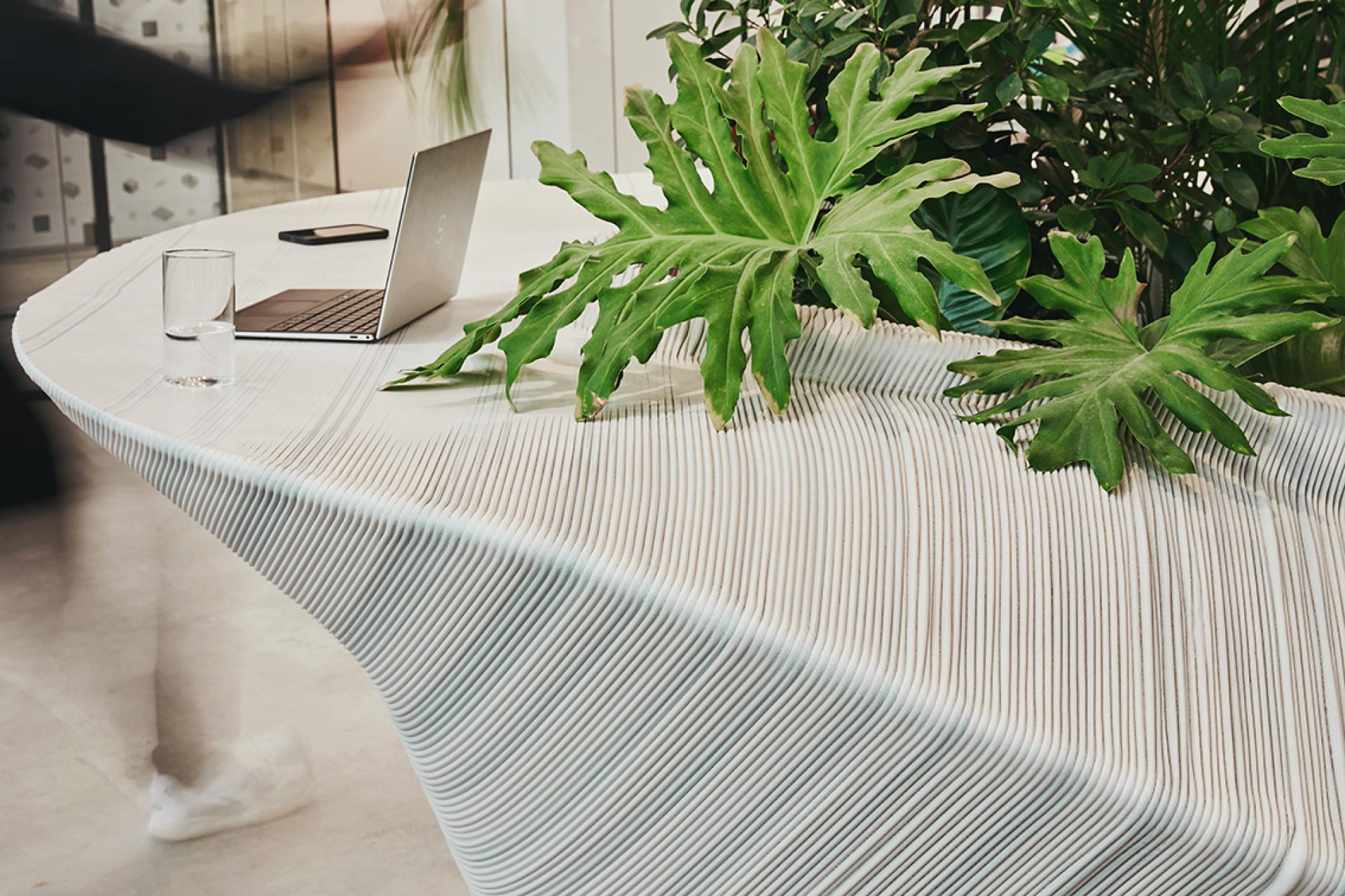 Sculpted multifunctional entrance furniture features textured design with greenery, laptop, and water glass, showcasing The New Raw's innovative style.
