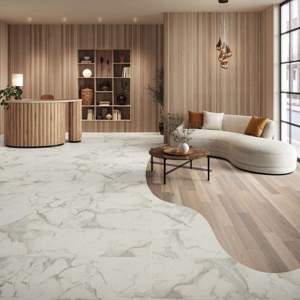 Elegant interior featuring Karndean's Art Select stone and wood flooring designs, with a modern seating area and natural decor.