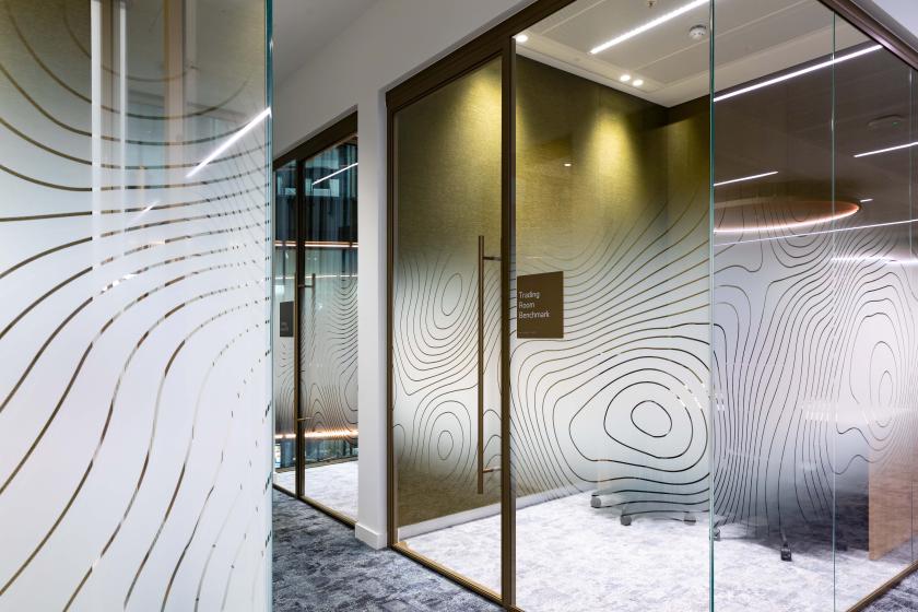 Radii supports tp bennett & Overbury with bespoke bronze framed glazed partitions at banking HQ in London.