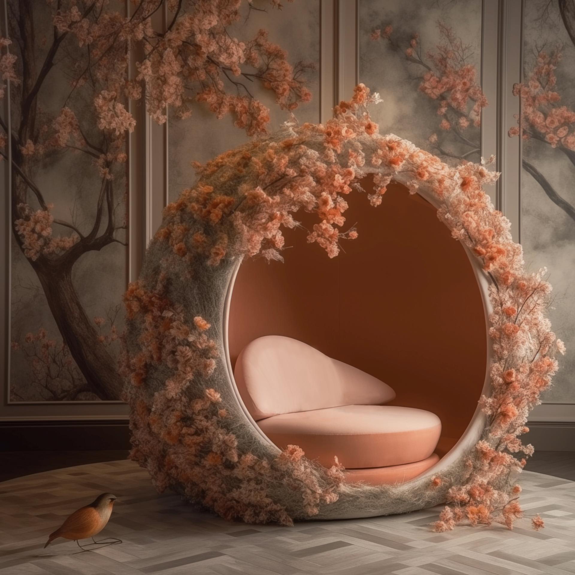 A cozy, circular chair adorned with peach flowers, set against a softly painted floral backdrop, embodying Pantone's Colour of the Year 2024.