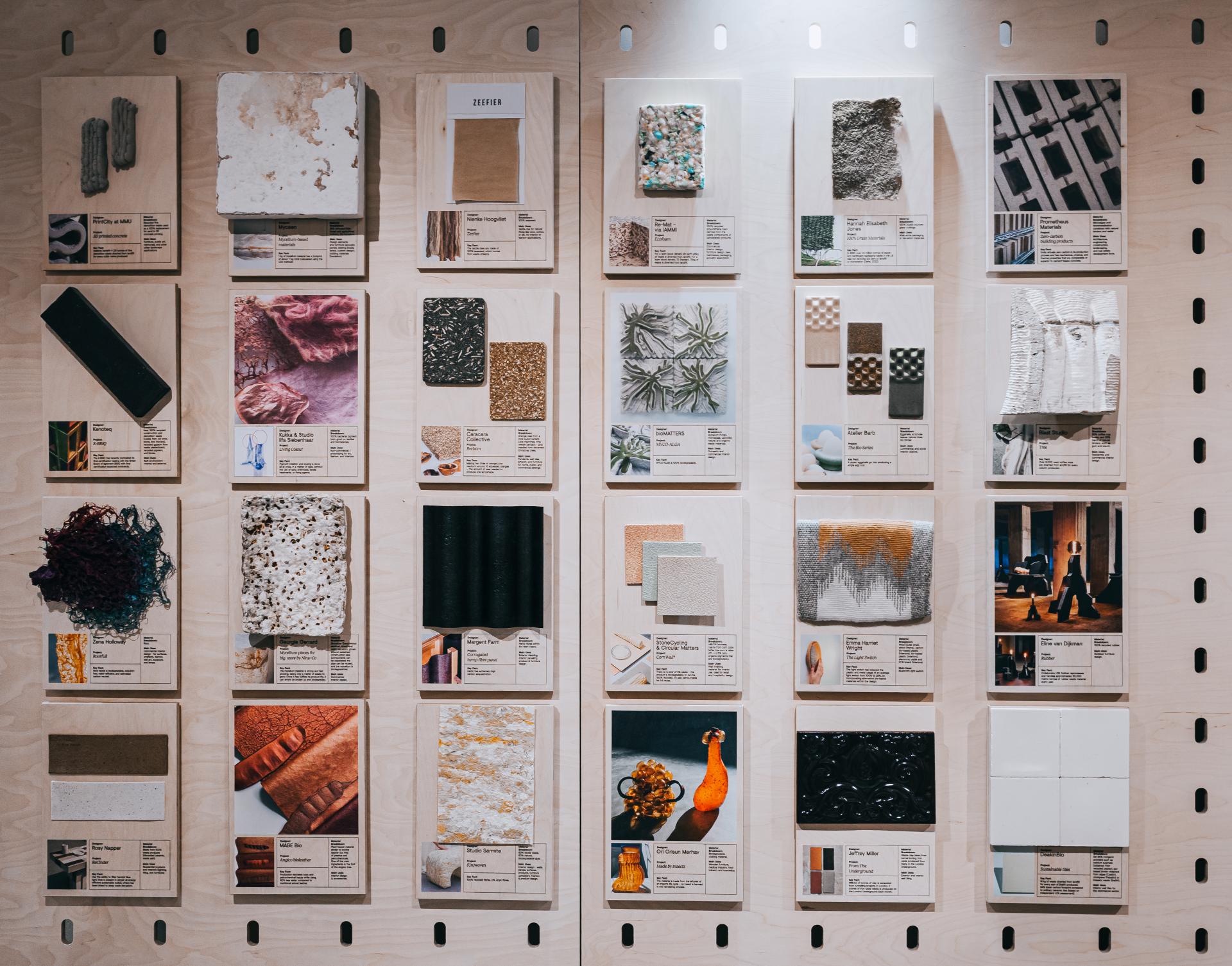 Exhibition display featuring 24 innovative bio and by-product based materials at Material Source Studios.