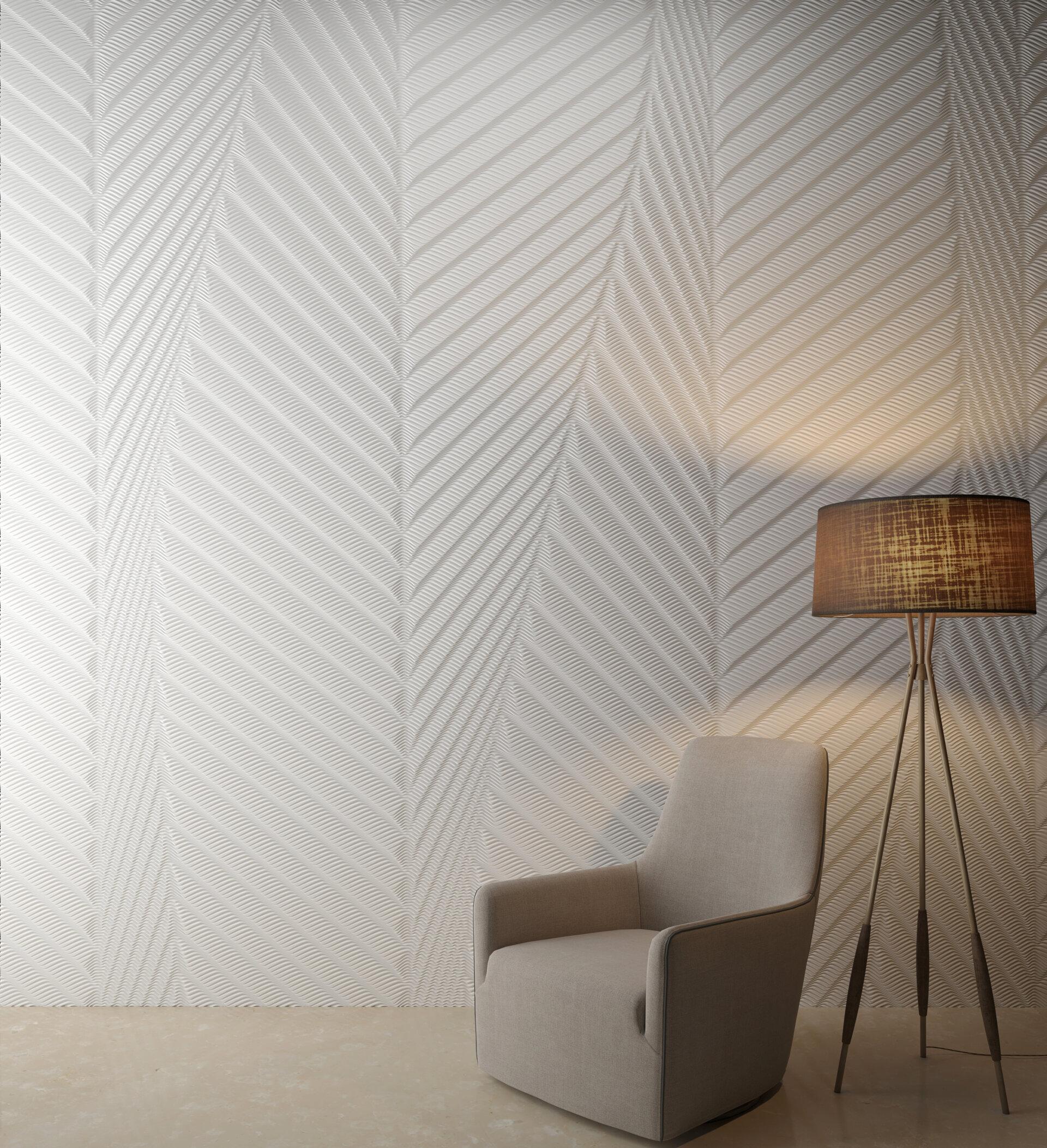 Textured multidimensional wall surface featuring M|R Walls design, complemented by a stylish floor lamp and a modern armchair.