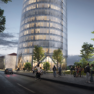 Sleek, glass-clad office tower surrounded by greenery, pedestrians, and cyclists, illustrating urban regeneration design by ACPV.