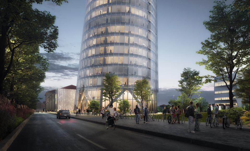 Sleek, glass-clad office tower surrounded by greenery, pedestrians, and cyclists, illustrating urban regeneration design by ACPV.