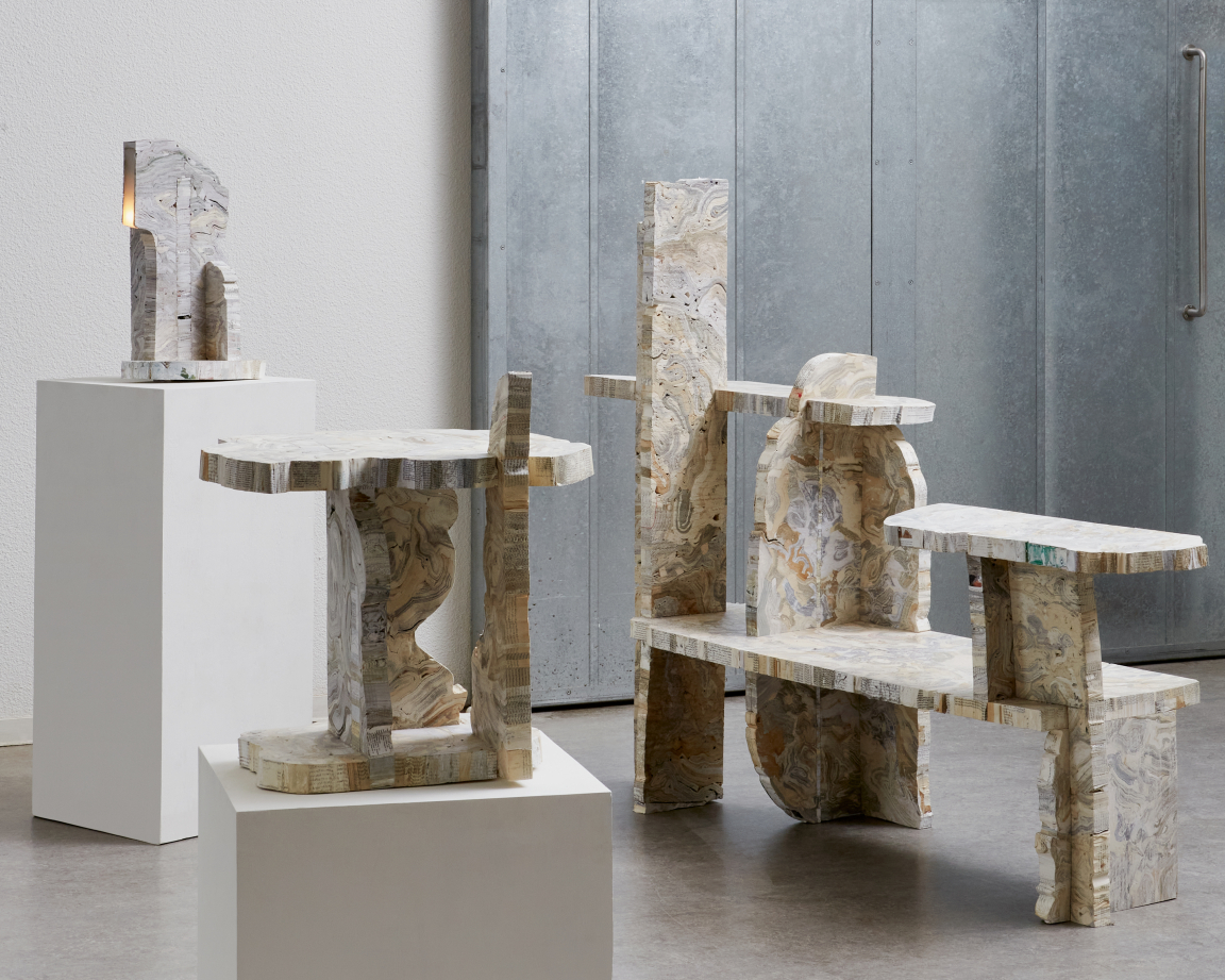 Contemporary furniture artworks crafted by Design Academy Eindhoven alumni, showcased at Salone del Mobile's Milestones exhibition.