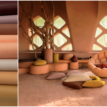 Textured fabric rolls beside a serene interior showcasing Ultrafabrics' Sanctuary Palette, emphasizing a calming, design-forward wellbeing space.