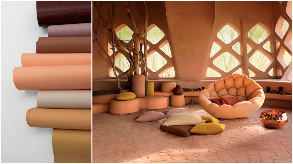 Textured fabric rolls beside a serene interior showcasing Ultrafabrics' Sanctuary Palette, emphasizing a calming, design-forward wellbeing space.