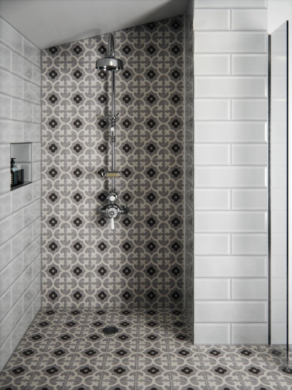 Sophisticated shower featuring a stylish mix of patterned and glossy tiles from the British Ceramic Tile and V&A collection.