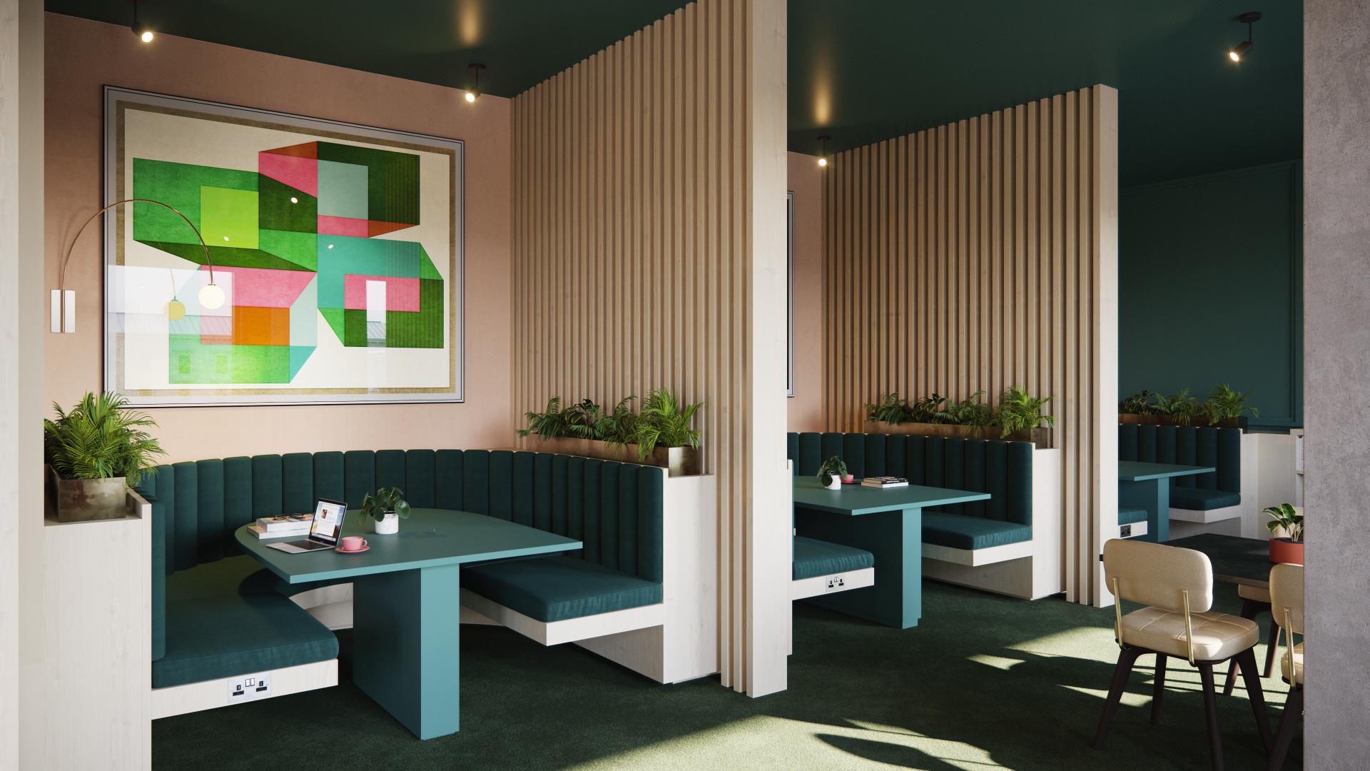 Stylish interiors of Holland Park featuring modern seating arrangements and vibrant artwork, showcasing community living in Glasgow.
