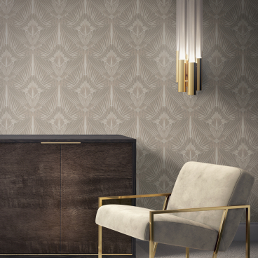 Elegant living space featuring Divine Savages' glamorous wallpaper, a stylish chair, and a modern cabinet.