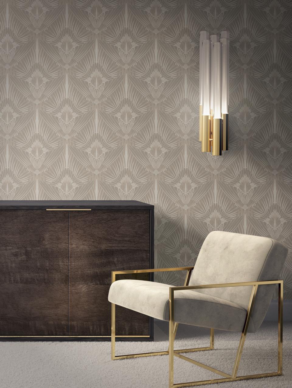Elegant living space featuring Divine Savages' glamorous wallpaper, a stylish chair, and a modern cabinet.