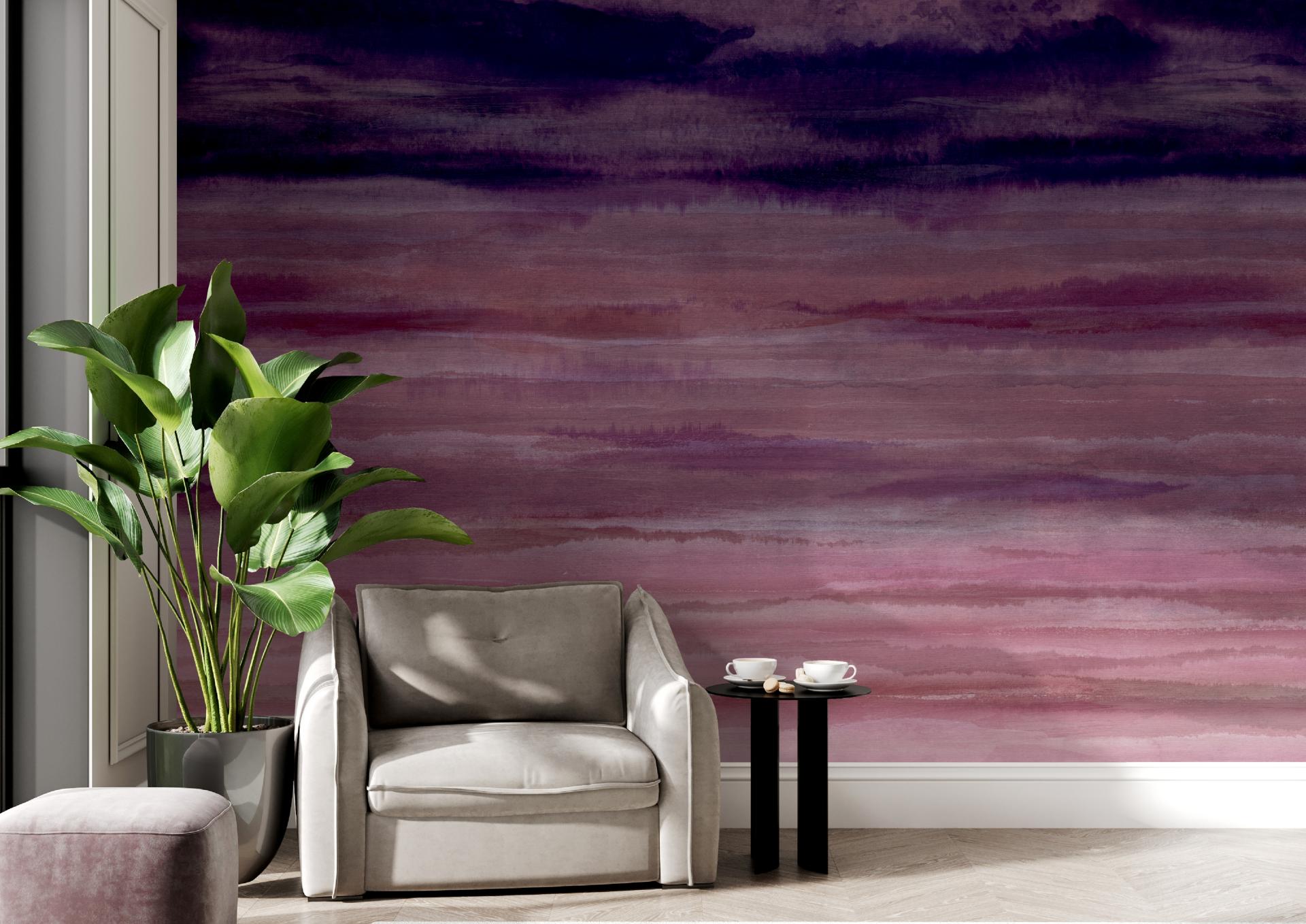 Elegant living space featuring Muraspec's Dreamscape ombre wallcovering in soft purple tones, complemented by modern furniture and greenery.