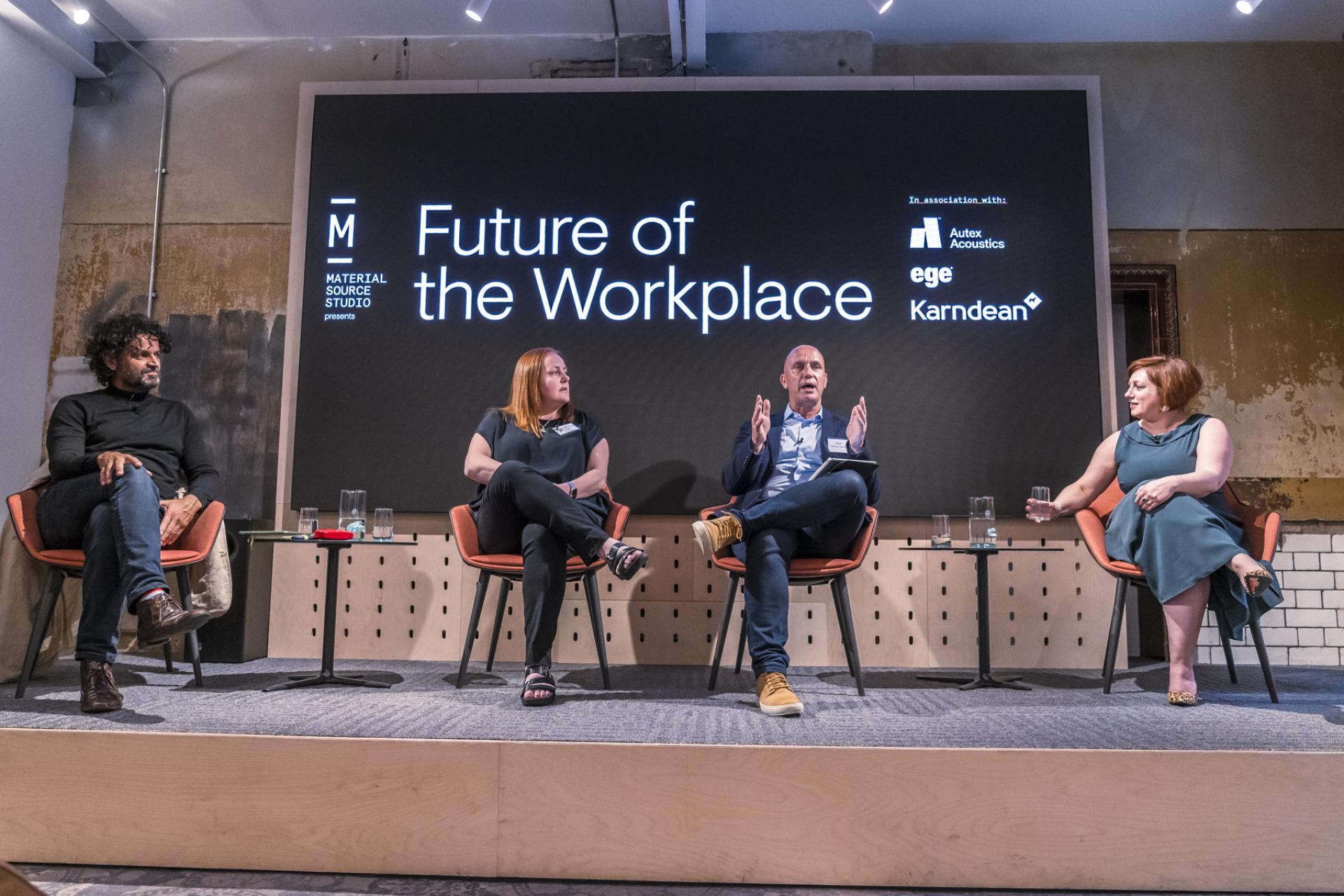 Panel discussion on the Future of the Workplace at Material Source Studio, featuring four speakers sharing insights and ideas.