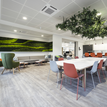 Modern workspace of Ian Macleod Distillers featuring green accent wall, communal seating, and vibrant décor by Benholm Group.