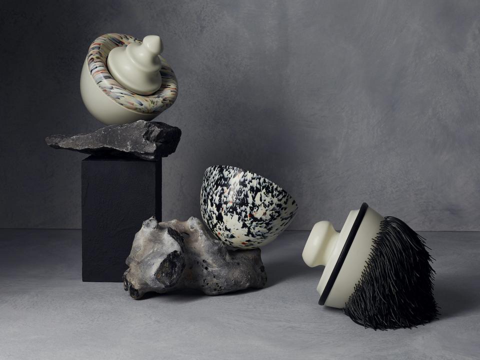 Avant-garde ceramic vessels on dynamic stone displays, featured in House on Mars' ‘Beyond Typology’ showcase at Collect 2021.