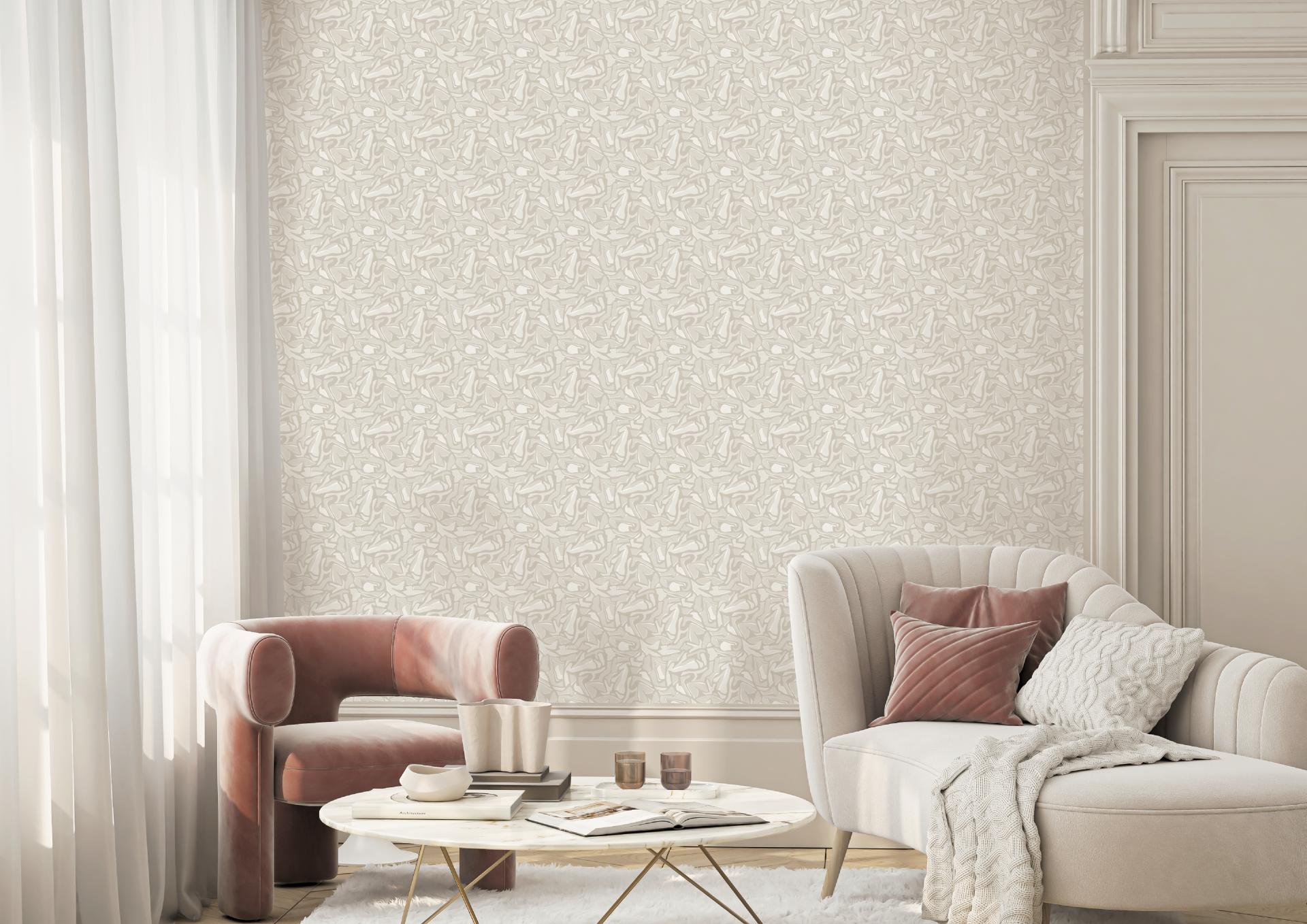 Luxurious living room featuring Jan Erika's Ernö Collection wallpaper inspired by Trellick Tower, with stylish furniture and decor.