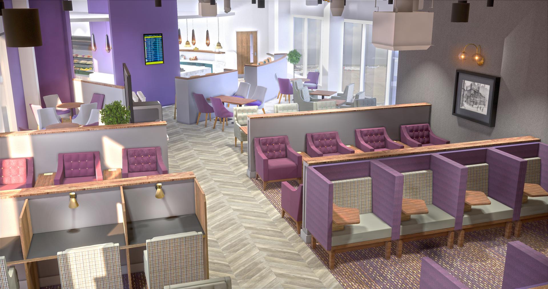 Modern lounge interior design by DV8 Designs at Manchester T2 features cozy seating, innovative layouts, and vibrant colors.
