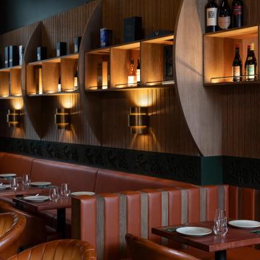 Sophisticated scheme for Cask and Vine, Edinburgh, by JA!COCO! Studio features Agua Fabrics.