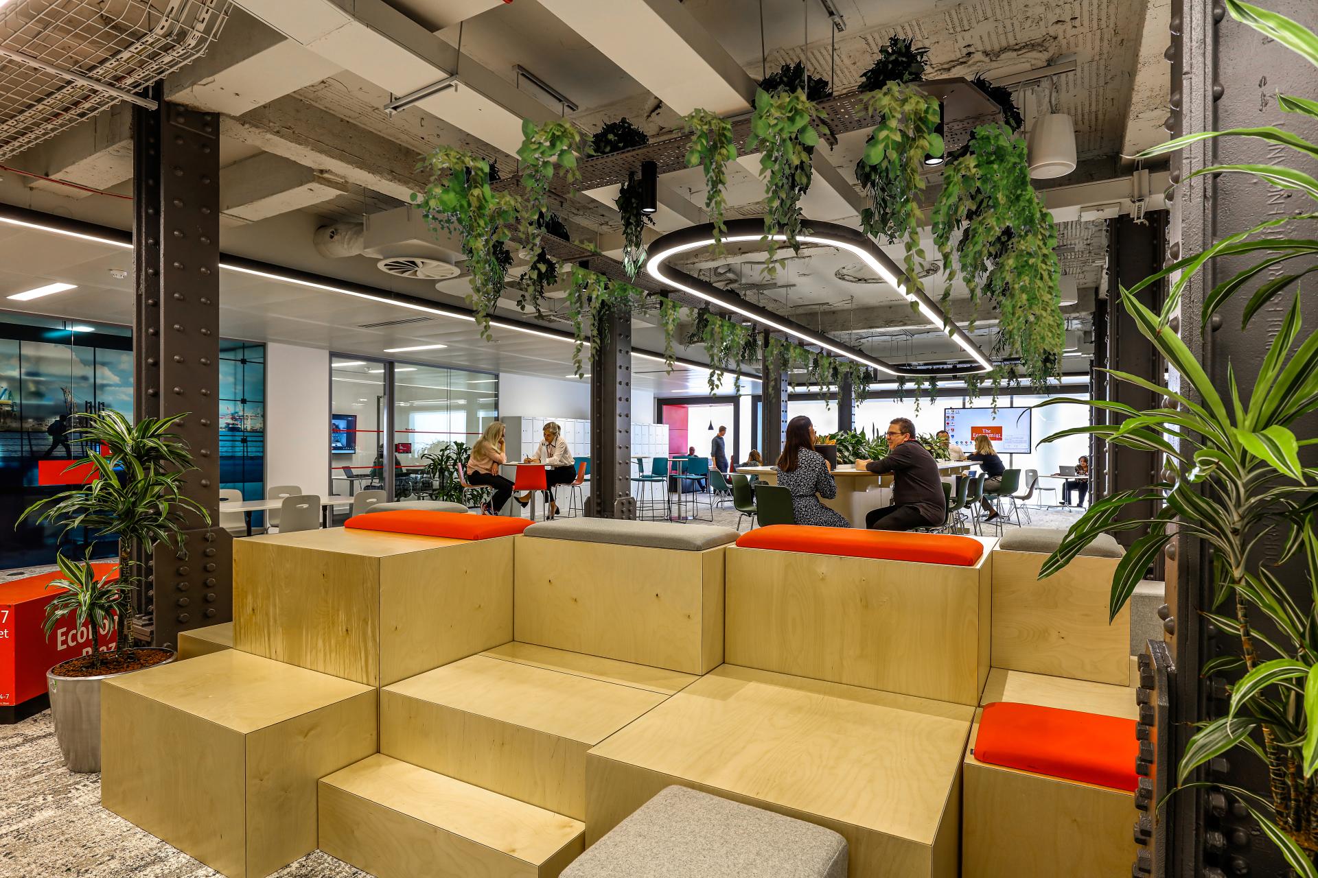 Modern office space designed with low embodied carbon, featuring collaborative areas, greenery, and sustainable materials for The Economist Group.