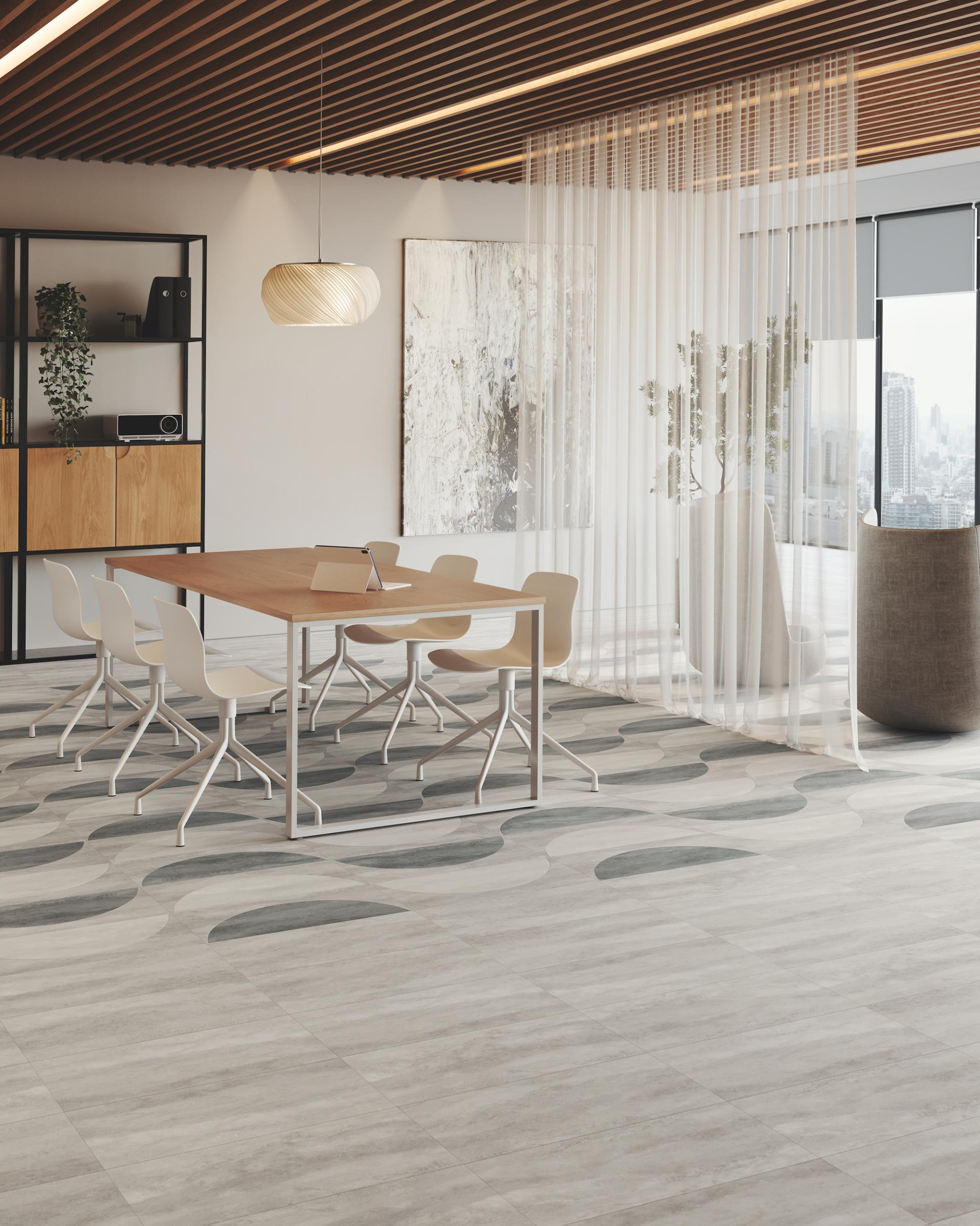 Modern dining area with Amtico patterned flooring, featuring contemporary furniture and natural lighting, showcasing 2023 flooring trends.