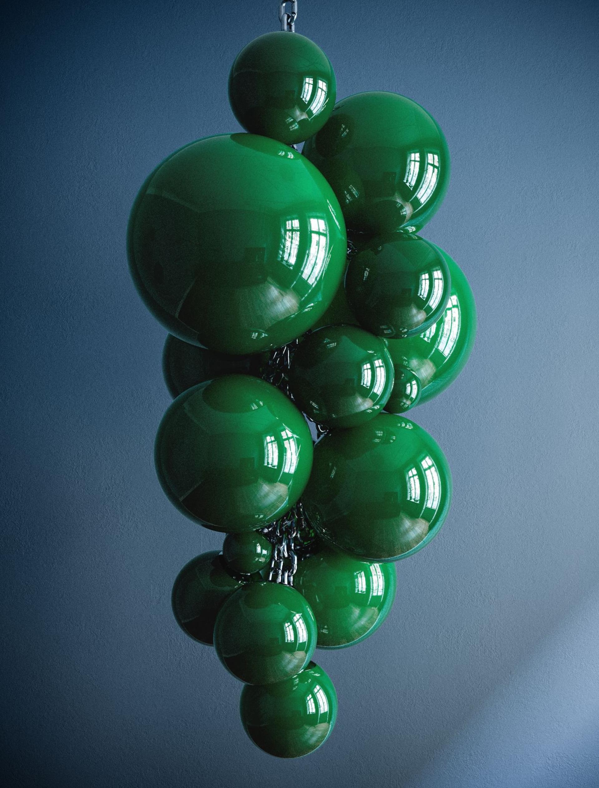 Sculptural Kuulas chandelier featuring vibrant green spherical elements, designed by Cameron Design House, enhancing modern decor.
