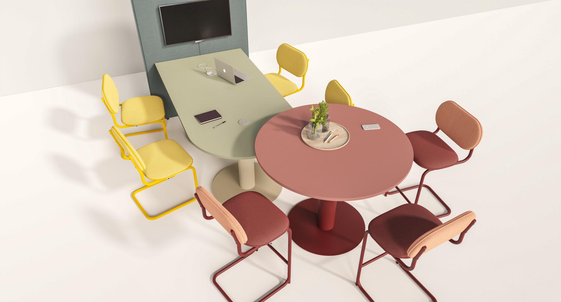 Modern workspace featuring sixteen3's Piper collection with colorful chairs and tables for collaborative environments.