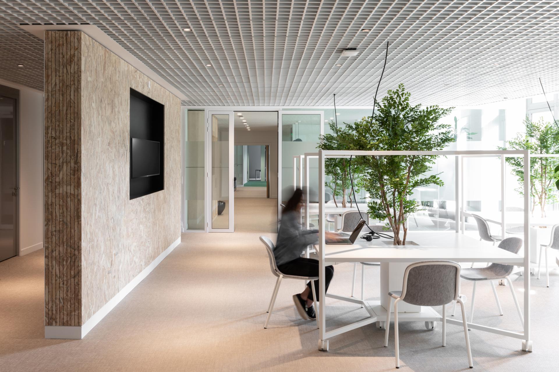 Modern office interior featuring collaborative workspace with greenery, emphasizing sustainability and innovative design at Gensler.