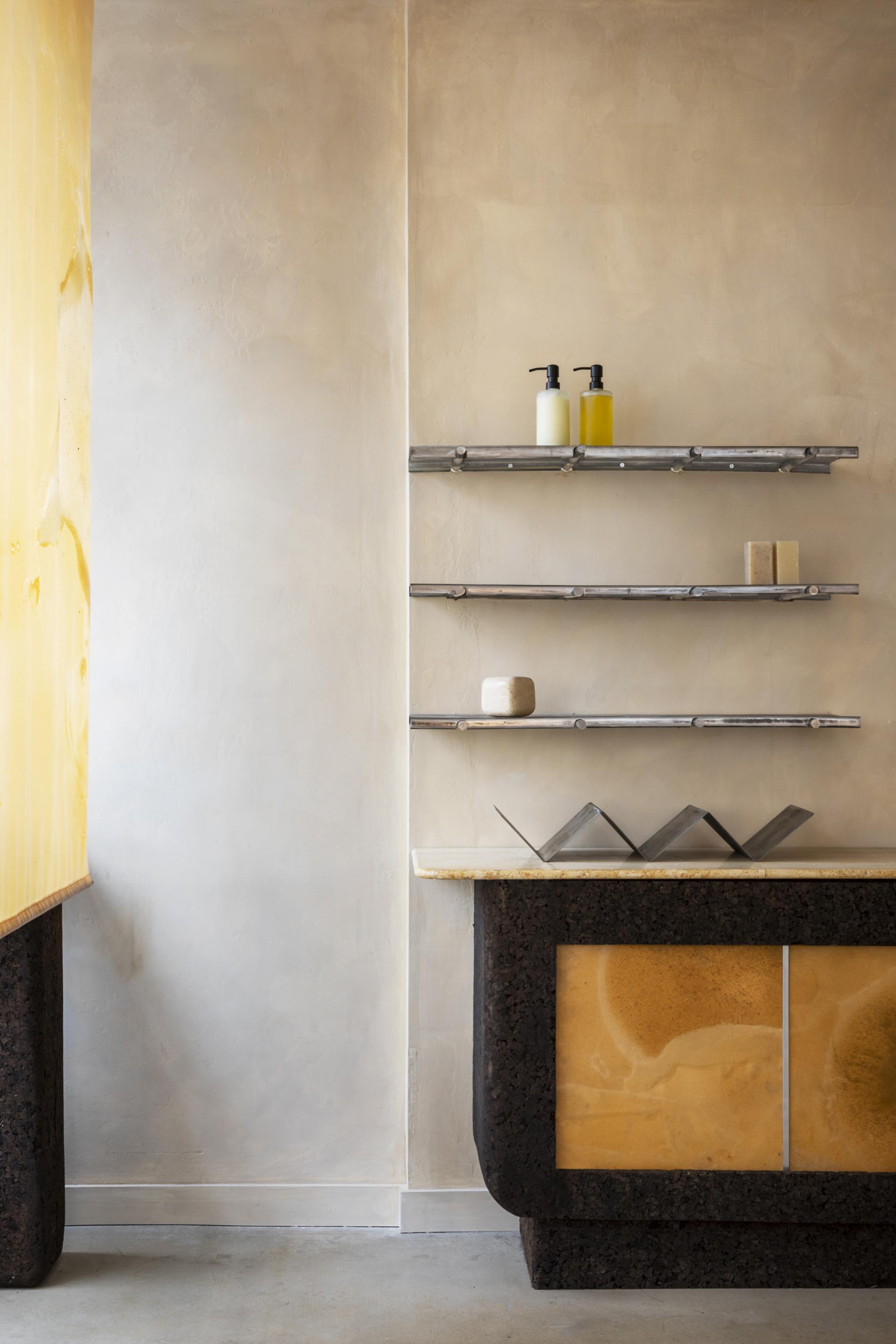 Sustainable store interior featuring salvaged materials, biomaterials, and modern design elements in East London.